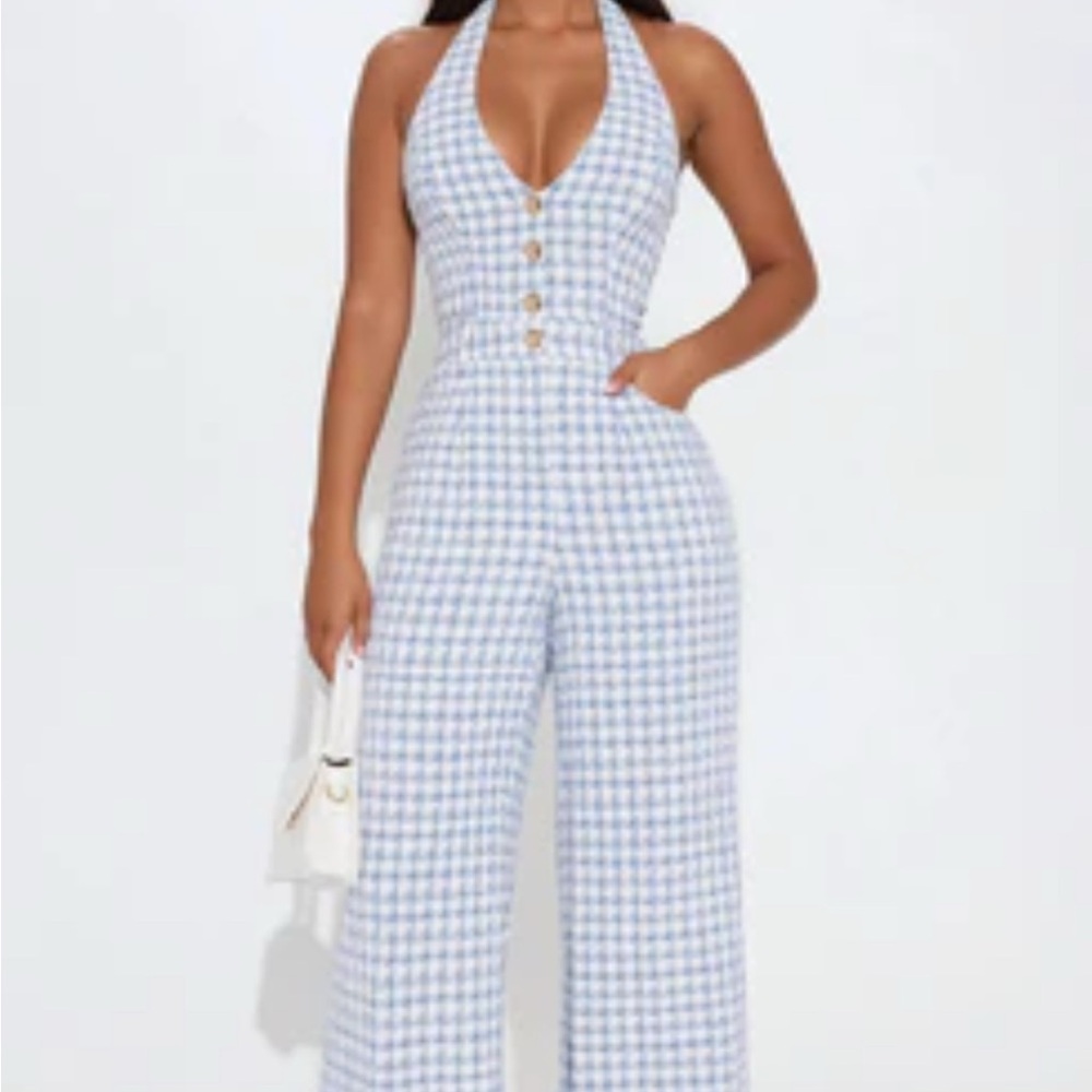 Blue and White Checkered Jumpsuit